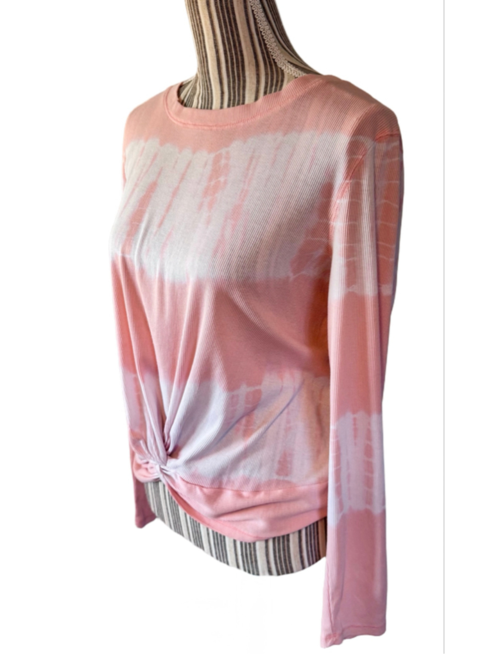 Justice 14-16 Long Sleeve Tie-Front Ribbed Tee, Peach-Pink and White